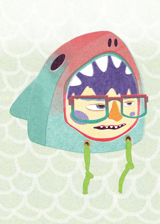 Illustration of a character with a shark helmet and glasses on a textured background
