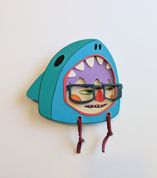 Handmade Teal Shark Hoodie Wall Sculpture